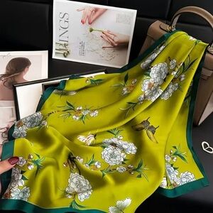 Elegant Chartreuse Green Silk Scarf | Floral Butterfly Print | Teal Border New